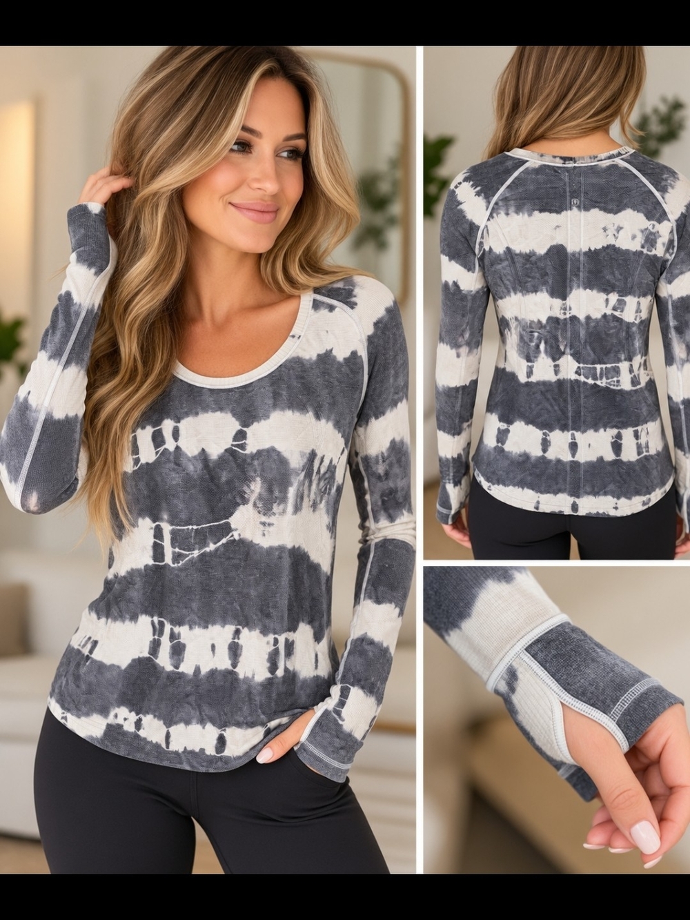 lululemon athletica Women's Gray & White Tie-Dye Long Sleeve Top with Thumbholes